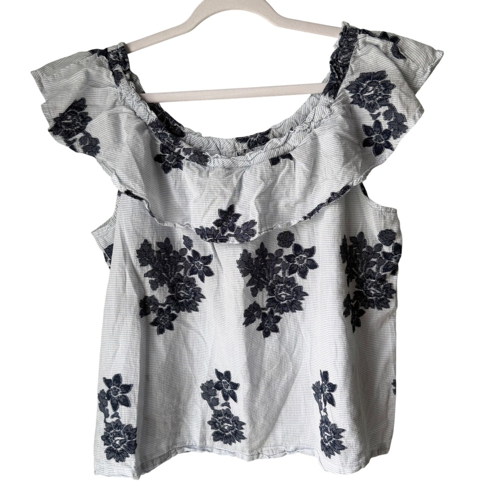 J. Jill Ruffled Neckline Top Blue Stripe Floral Embroidery 100% Cotton MP Petite - Picture 2 of 10